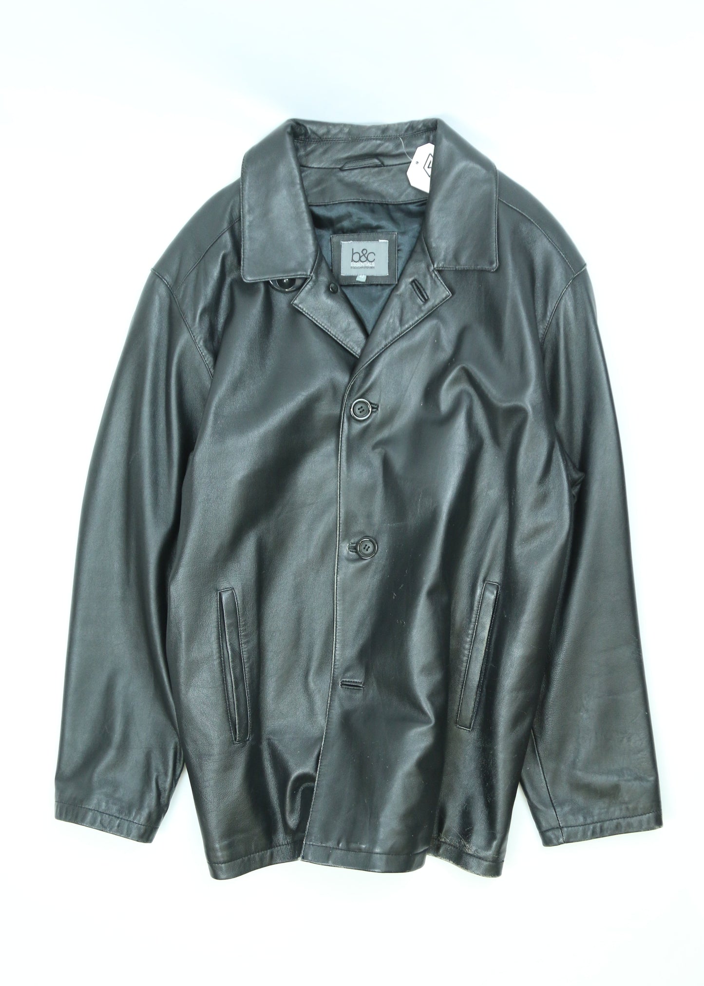 Men's B&C Black Leather Car Coat Size Large