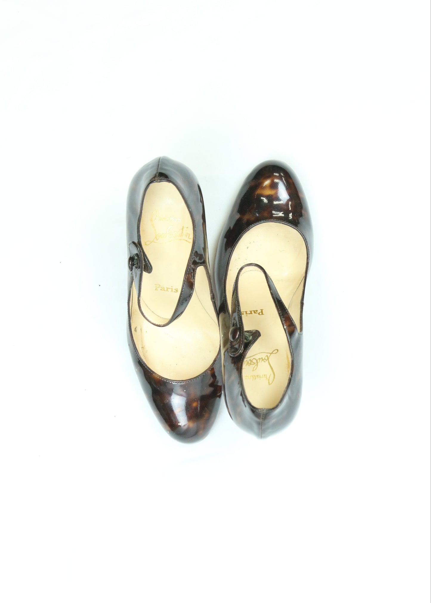 Women's Christian Louboutin Brown Patent Leather Tortoiseshell Mary Jane Heels Size 6
