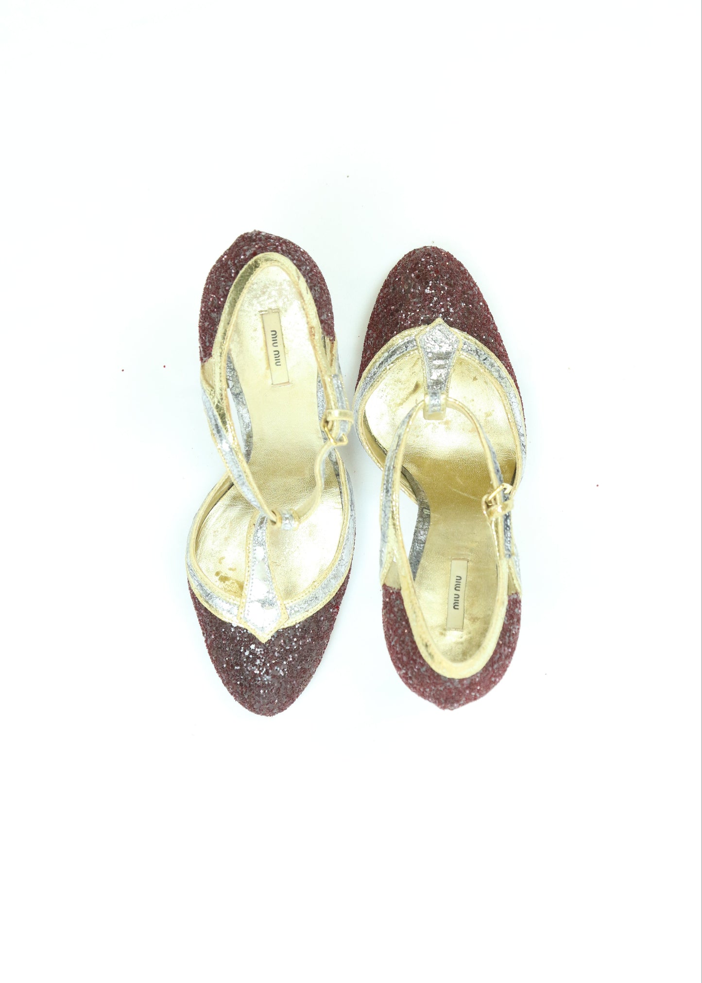 Women's Miu Miu Burgundy Glitter & Gold Heels Size 5.5