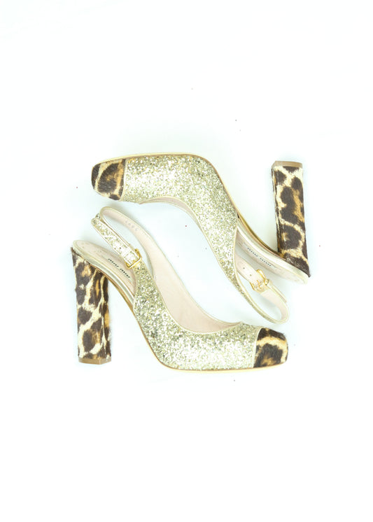 Women's Miu Miu Glitter & Leopard-Print Calf Hair Slingback Pumps Size 5