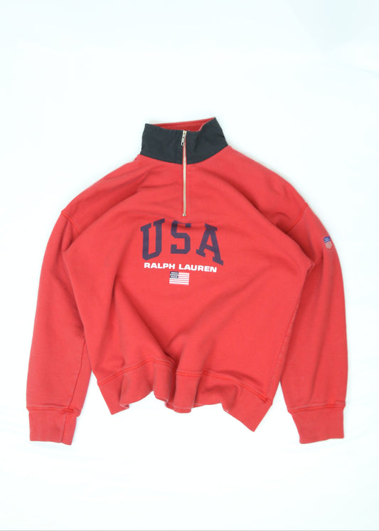 Men's Vintage Red Polo Ralph Lauren USA Half Zip Sweatshirt Size Medium