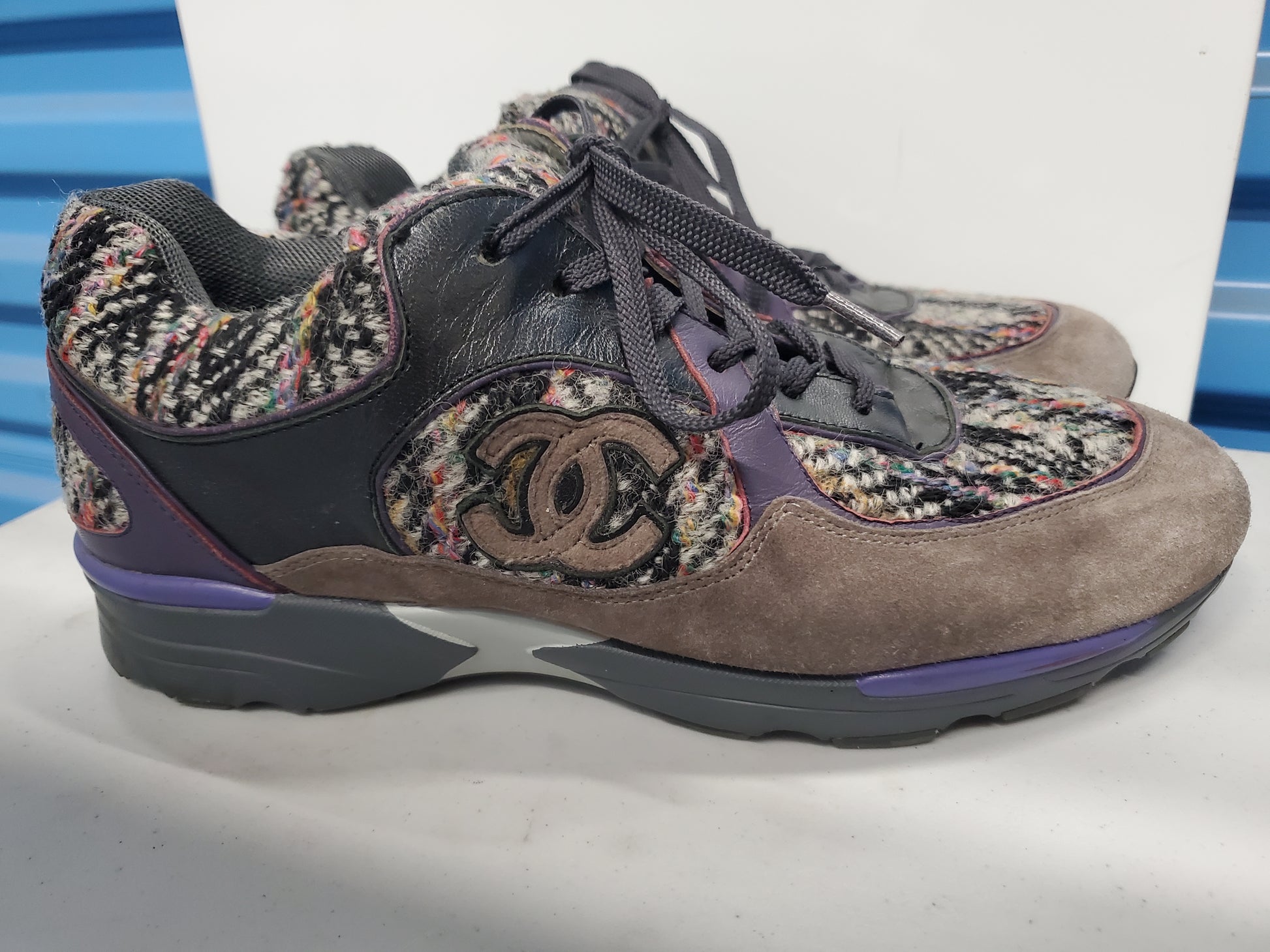 Womens Authentic Chanel Brown Suede Leather Tweed Sneakers Size EU